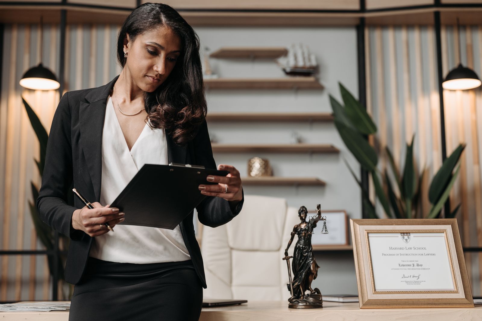 An attorney reviewing a case checklist on a clipboard in her office